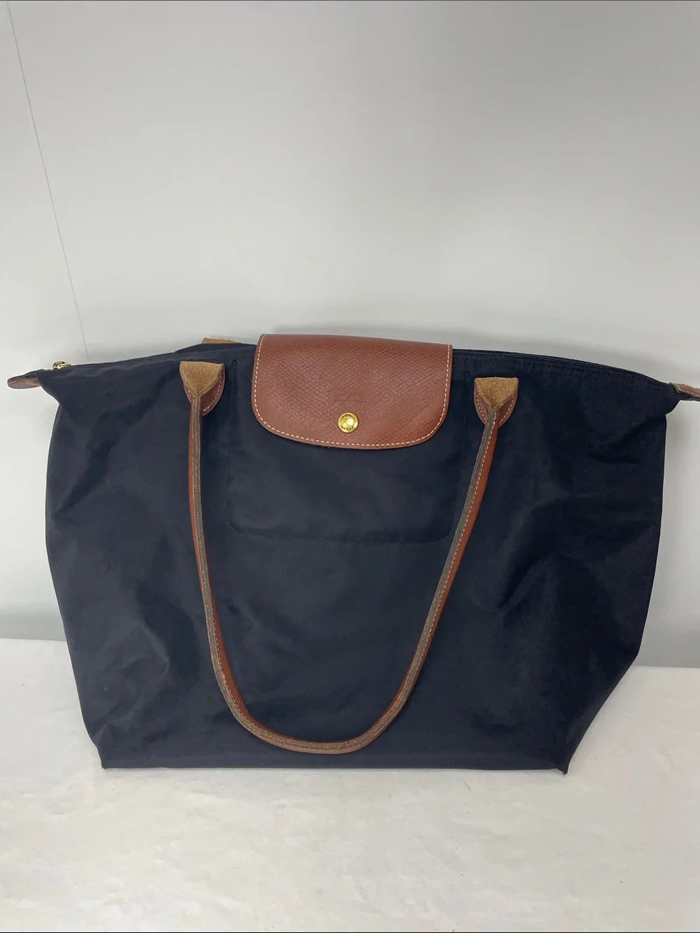 Longchamp Black Nylon Tote with Brown Leather Handles